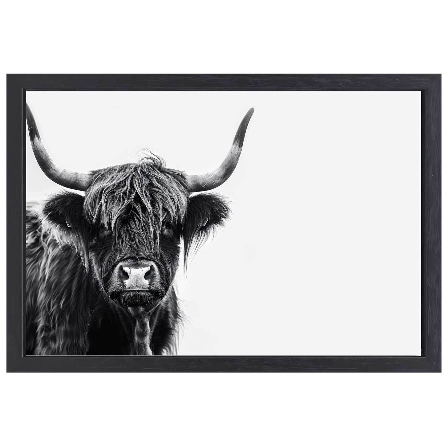 Portret van een Schotse hooglander in zwart-wit canvas met baklijst