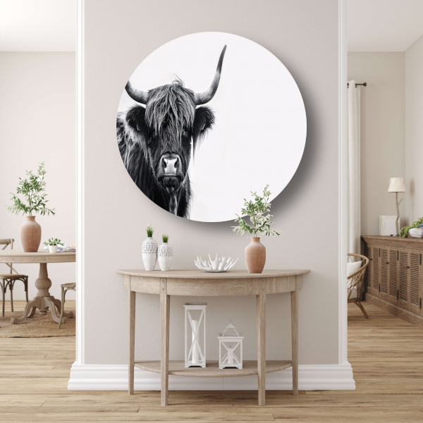 Portret van een Schotse hooglander in zwart-wit aluminium muurcirkel
