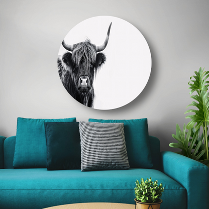 Portret van een Schotse hooglander in zwart-wit aluminium muurcirkel