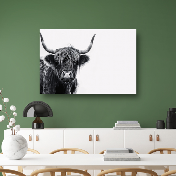 Portret van een Schotse hooglander in zwart-wit canvas met baklijst