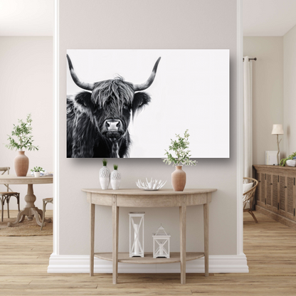 Portret van een Schotse hooglander in zwart-wit canvas met baklijst