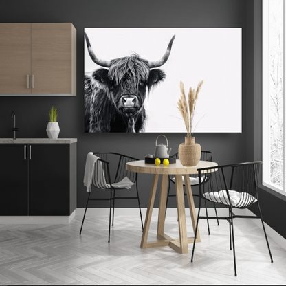 Portret van een Schotse hooglander in zwart-wit canvas met baklijst