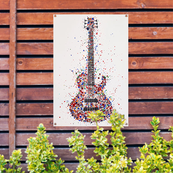 Kleurrijke abstracte gitaar met verfspatten tuinposter