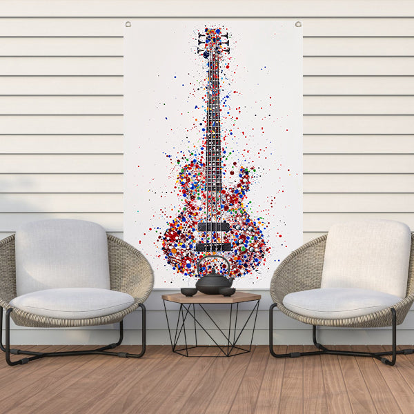 Kleurrijke abstracte gitaar met verfspatten tuinposter