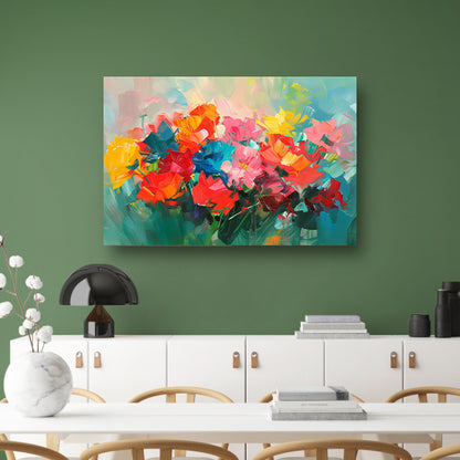 Abstracte kleurrijke bloemenweide olieverfschilderij canvas met baklijst