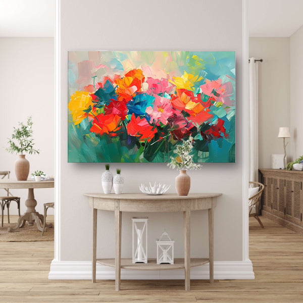 Abstracte kleurrijke bloemenweide olieverfschilderij canvas met baklijst