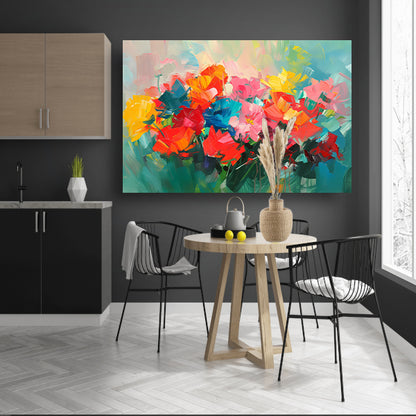 Abstracte kleurrijke bloemenweide olieverfschilderij canvas met baklijst