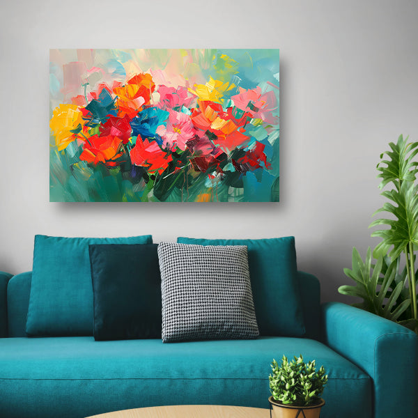 Abstracte kleurrijke bloemenweide olieverfschilderij canvas met baklijst