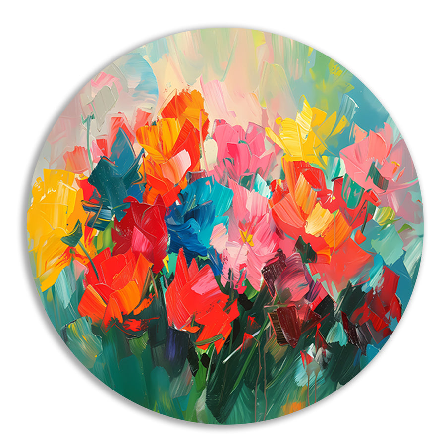 Abstracte kleurrijke bloemenweide olieverfschilderij aluminium muurcirkel