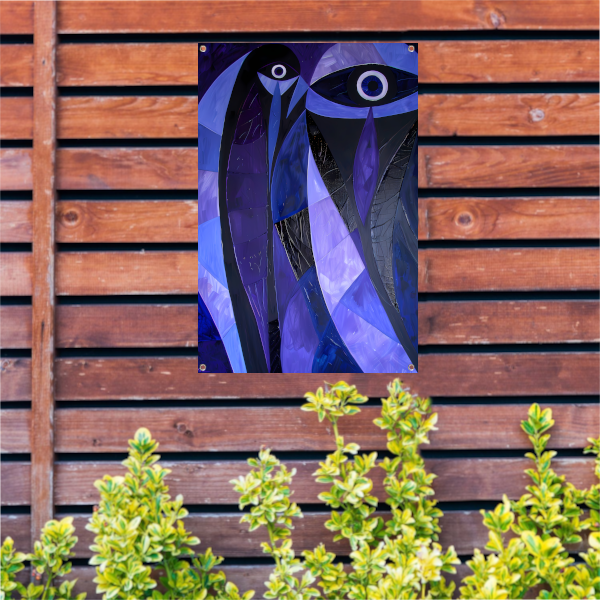 Kubistisch abstract vogelkunstwerk in paarstinten tuinposter