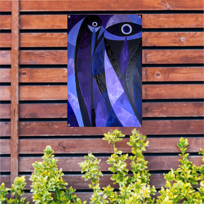 Kubistisch abstract vogelkunstwerk in paarstinten tuinposter