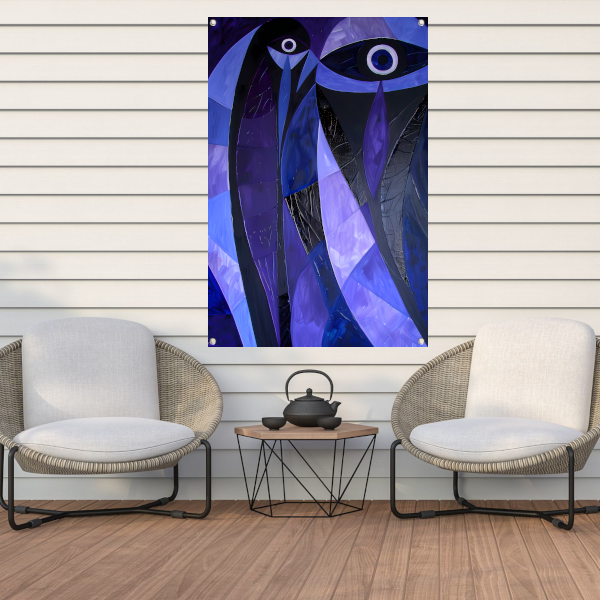 Kubistisch abstract vogelkunstwerk in paarstinten tuinposter