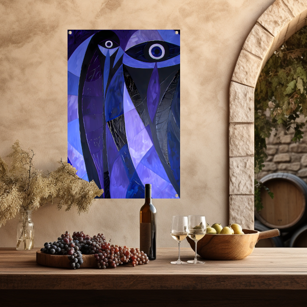 Kubistisch abstract vogelkunstwerk in paarstinten tuinposter