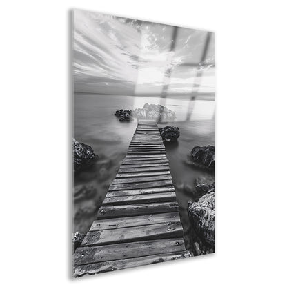 Houten steiger bij zee tijdens bewolkte zonsopkomst acrylglas