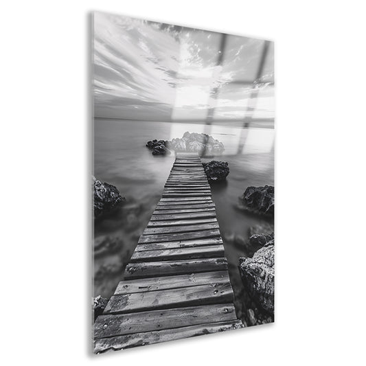 Houten steiger bij zee tijdens bewolkte zonsopkomst acrylglas