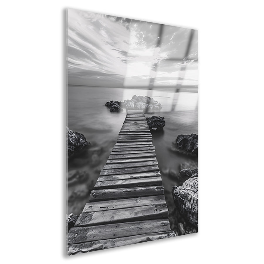 Houten steiger bij zee tijdens bewolkte zonsopkomst acrylglas