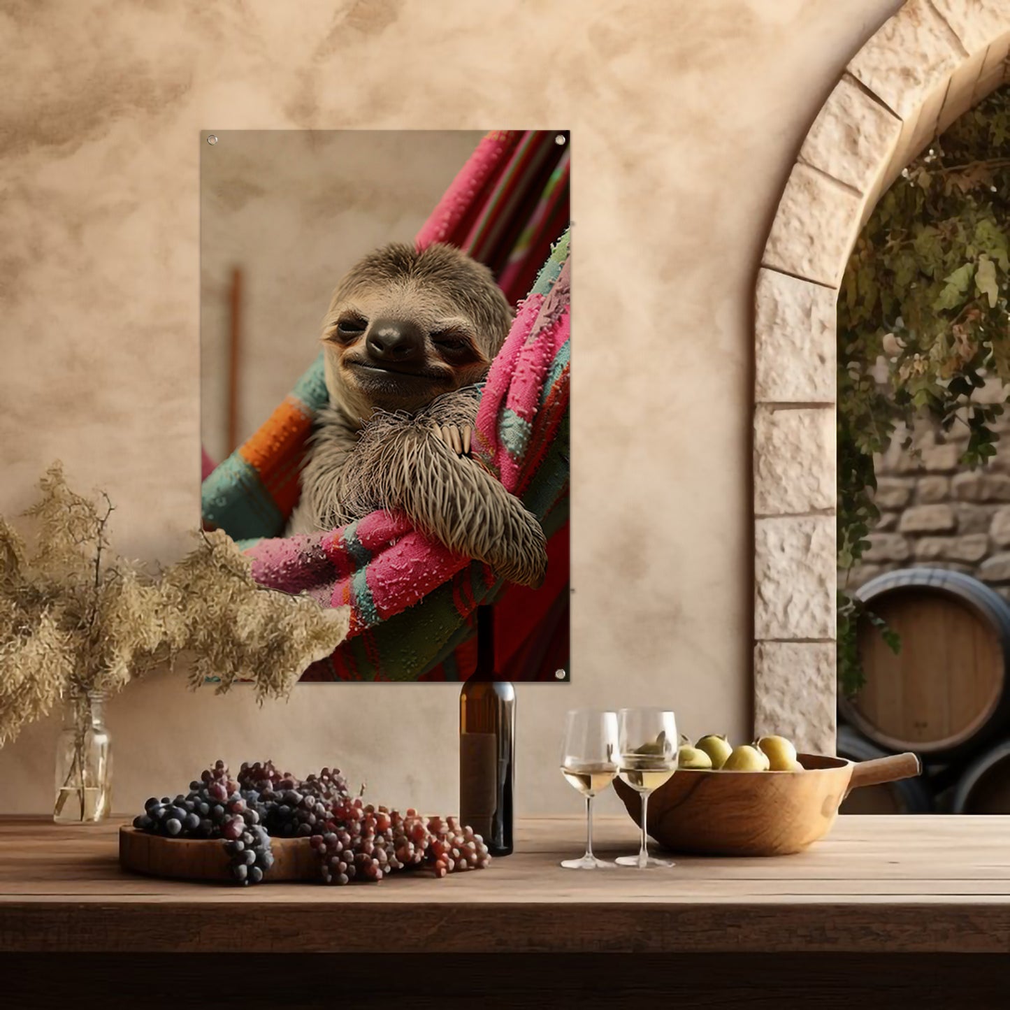Luiaard in een Kleurrijk Hangmat tuinposter