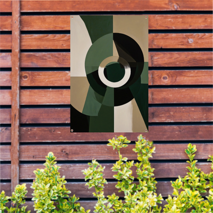 Abstracte Groen-Zwarte Vormen op Beige Achtergrond tuinposter