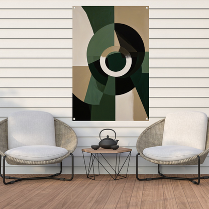 Abstracte Groen-Zwarte Vormen op Beige Achtergrond tuinposter