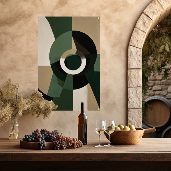 Abstracte Groen-Zwarte Vormen op Beige Achtergrond tuinposter