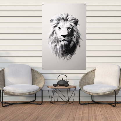 Monochrome illustratie van leeuw in close-up tuinposter
