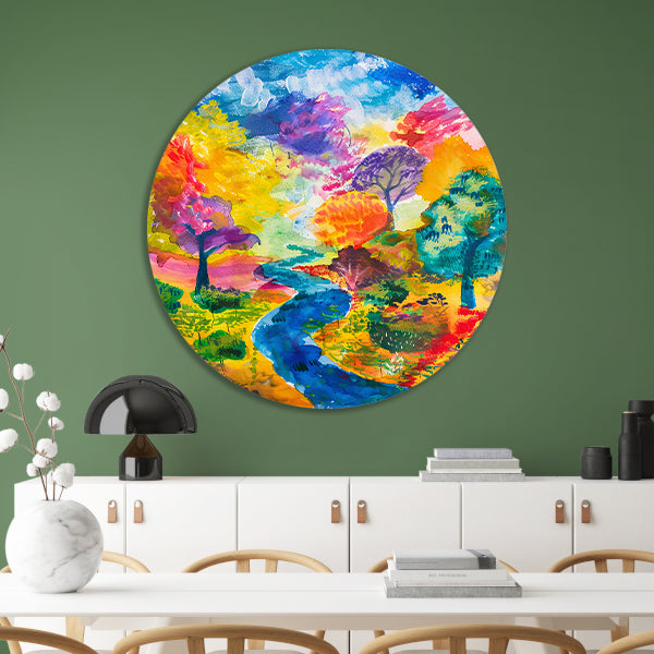 Kleurrijk abstract landschap aquarel schilderij forex muurcirkel