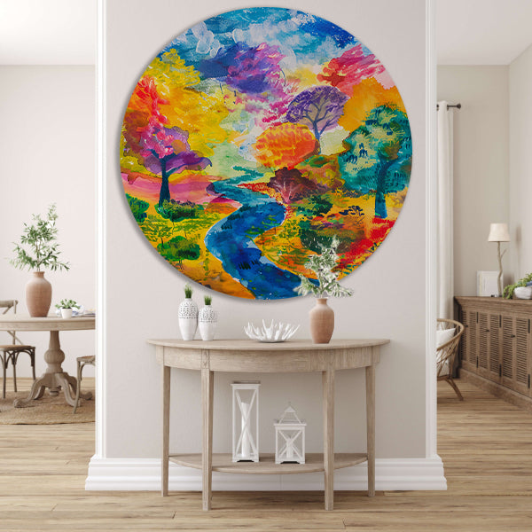 Kleurrijk abstract landschap aquarel schilderij forex muurcirkel