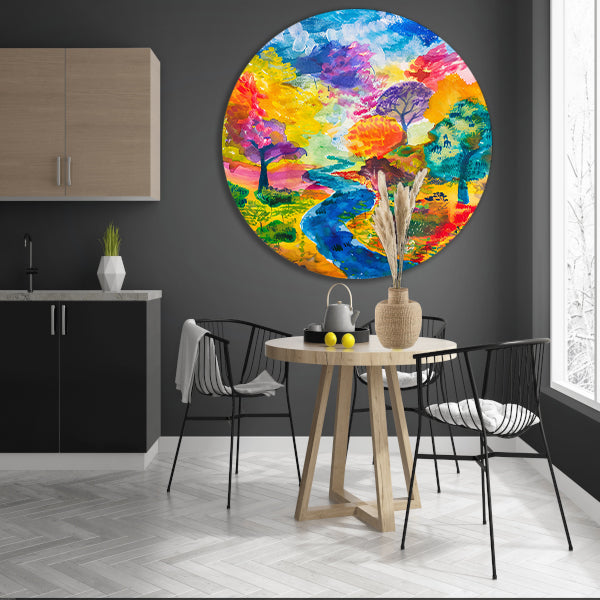 Kleurrijk abstract landschap aquarel schilderij forex muurcirkel