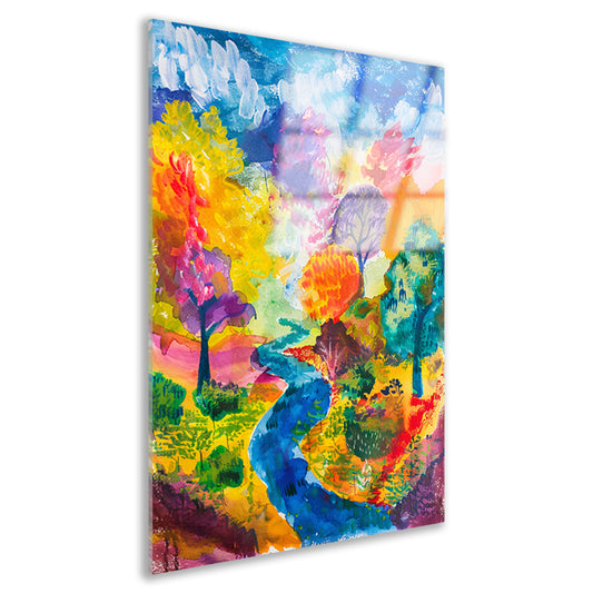Kleurrijk abstract landschap aquarel schilderij acrylglas