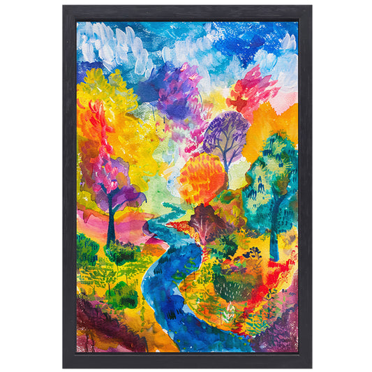 Kleurrijk abstract landschap aquarel schilderij canvas met baklijst
