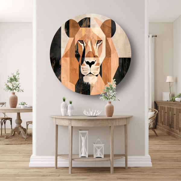 Geometrische Abstracte Leeuwenkop Art Deco aluminium muurcirkel