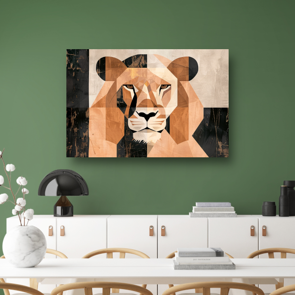 Geometrische Abstracte Leeuwenkop Art Deco canvas met baklijst
