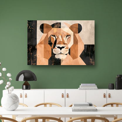 Geometrische Abstracte Leeuwenkop Art Deco canvas met baklijst