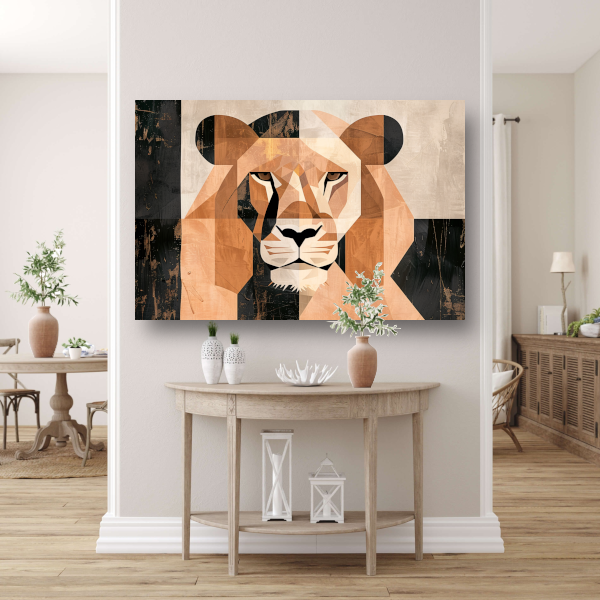 Geometrische Abstracte Leeuwenkop Art Deco canvas met baklijst