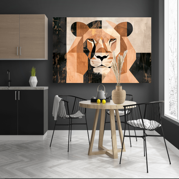 Geometrische Abstracte Leeuwenkop Art Deco canvas met baklijst