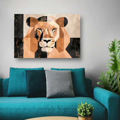 Geometrische Abstracte Leeuwenkop Art Deco canvas met baklijst
