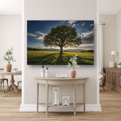Majestueuze boom in uitgestrekt landschap canvas