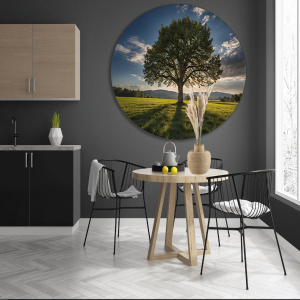 Majestueuze boom in uitgestrekt landschap aluminium muurcirkel