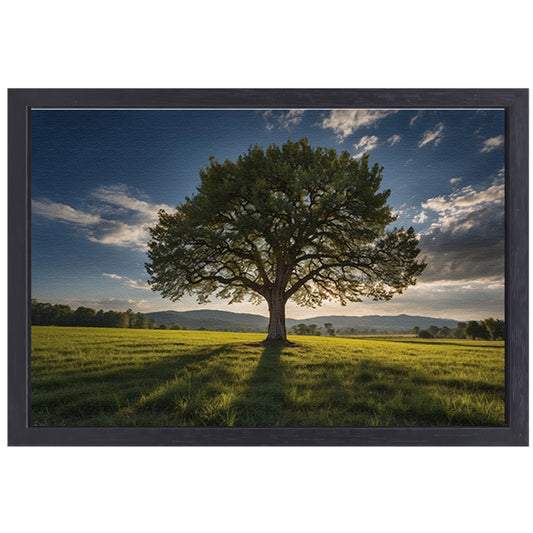 Majestueuze boom in uitgestrekt landschap canvas met baklijst
