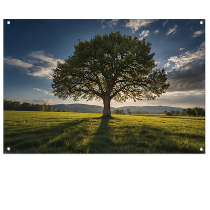 Majestueuze boom in uitgestrekt landschap tuinposter