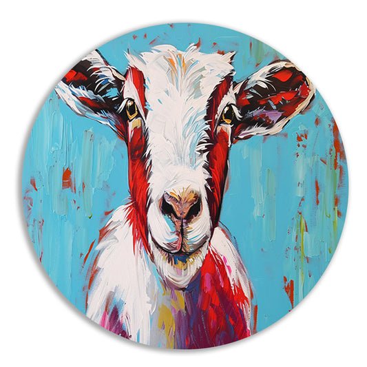 Expressieve kleurrijke geitenkunst op levendige achtergrond aluminium muurcirkel