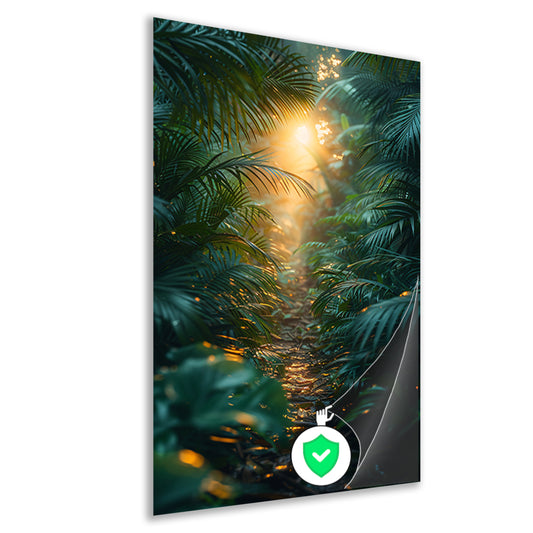 Zonnig pad door weelderig regenwoud poster