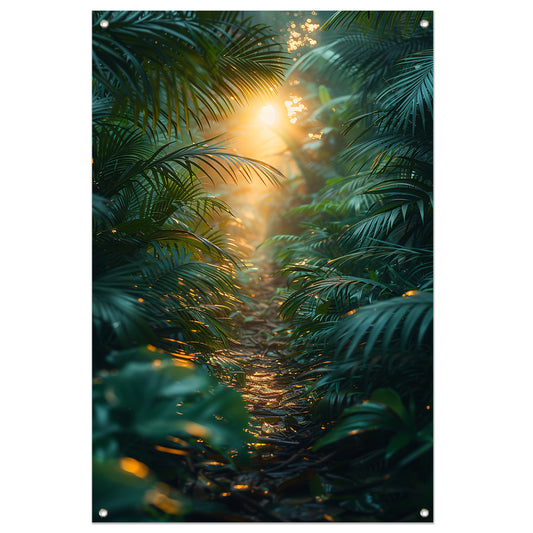 Zonnig pad door weelderig regenwoud tuinposter