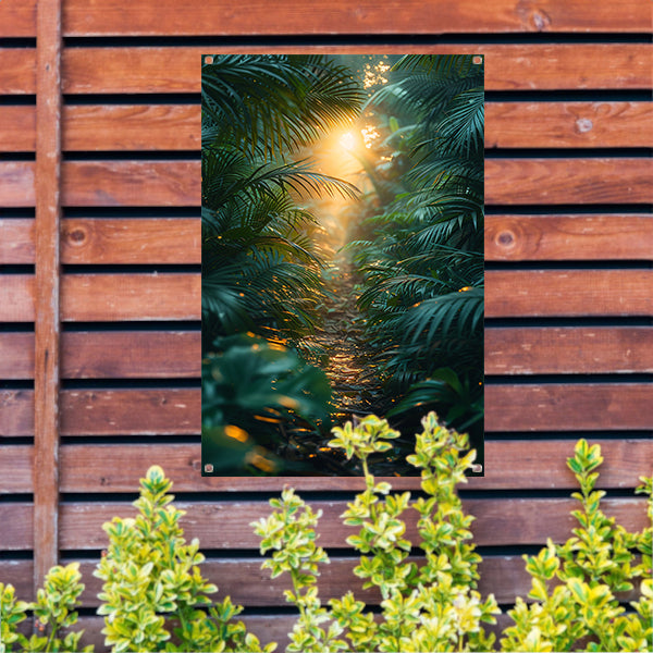 Zonnig pad door weelderig regenwoud tuinposter