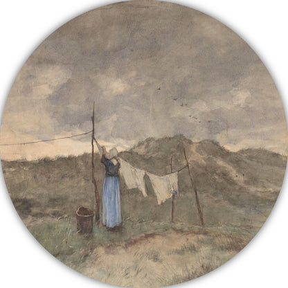 Vrouw bij een waslijn in de duinen - Anton Mauve aluminium muurcirkel