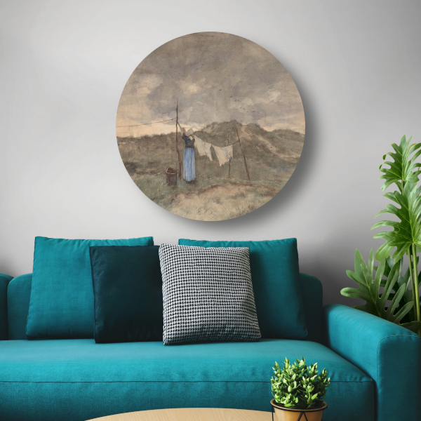 Vrouw bij een waslijn in de duinen - Anton Mauve aluminium muurcirkel