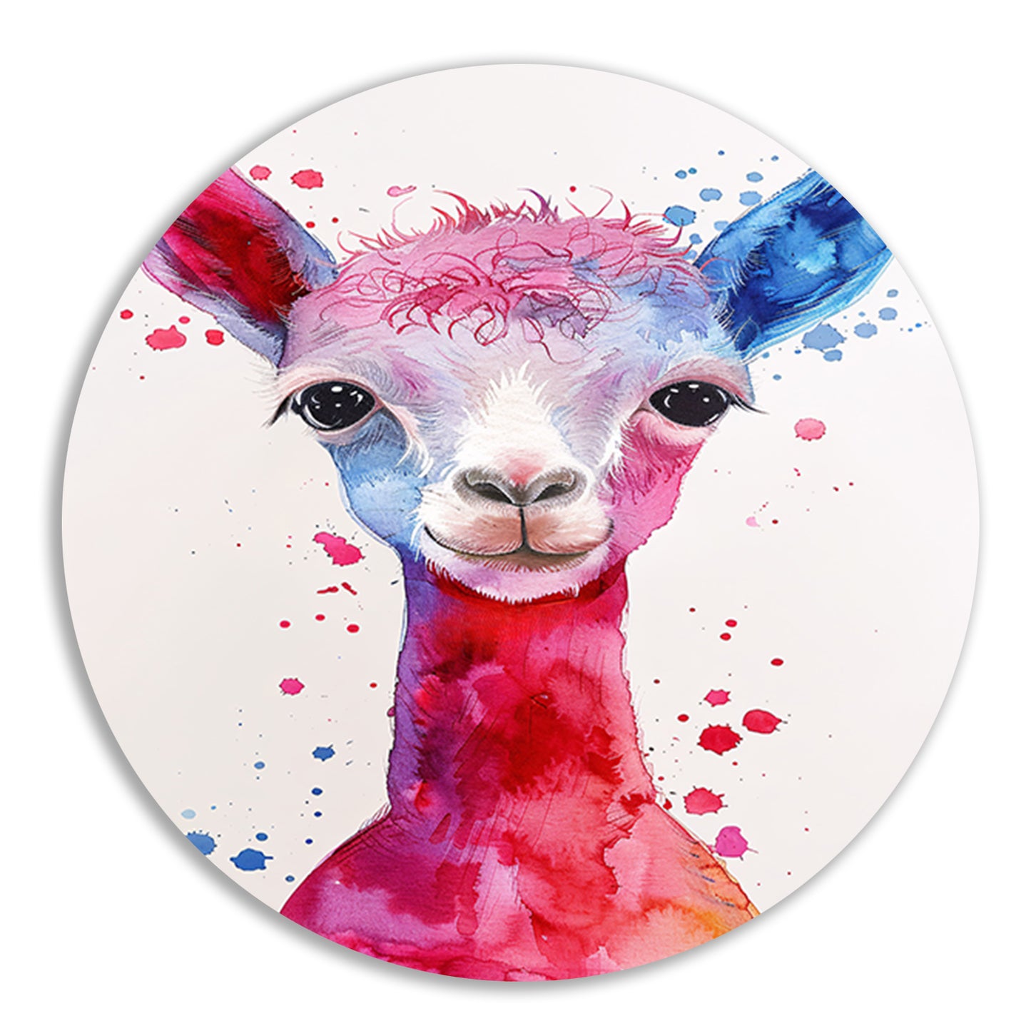 Kleurrijke digitale kunst van een alpaca aluminium muurcirkel