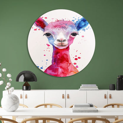 Kleurrijke digitale kunst van een alpaca aluminium muurcirkel
