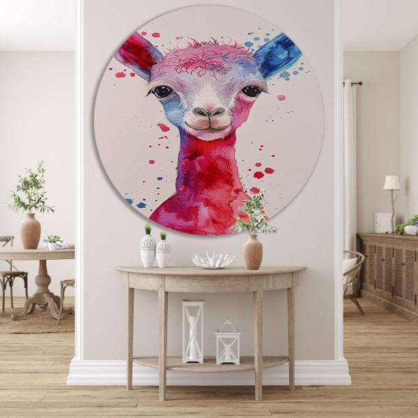 Kleurrijke digitale kunst van een alpaca aluminium muurcirkel