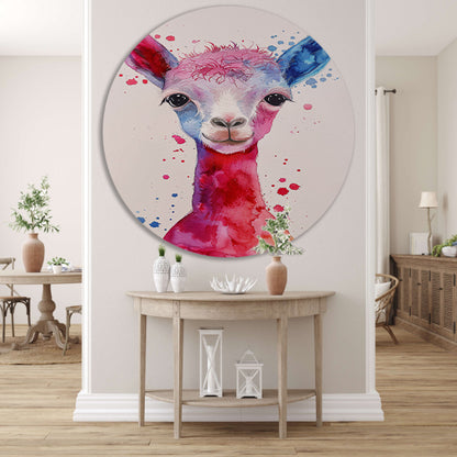 Kleurrijke digitale kunst van een alpaca aluminium muurcirkel